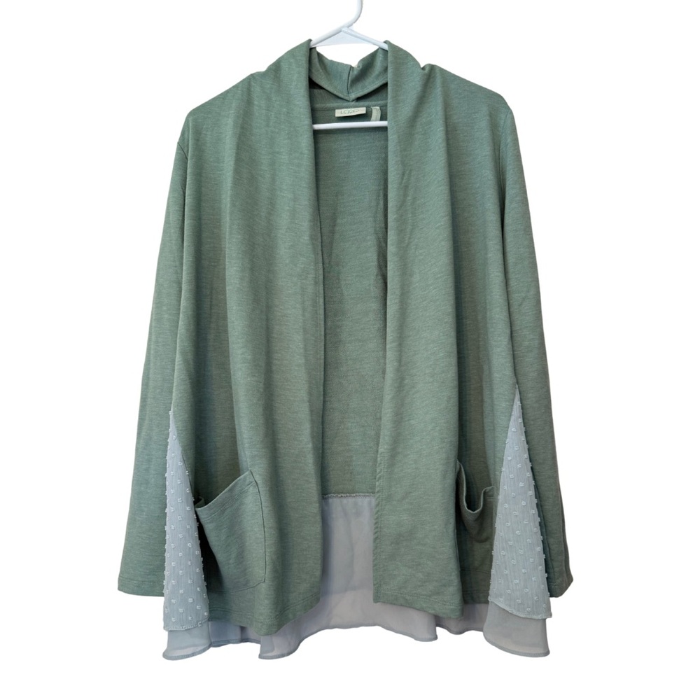 LOGO‎ Lori Goldstein Lounge Cardigan XXS Sage Green Chiffon Hem Oversized Boho